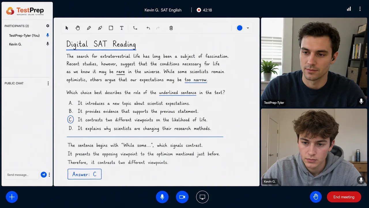 One-to-one live SAT lesson: tutor and student work out the function of an underlined sentence within the passage.
