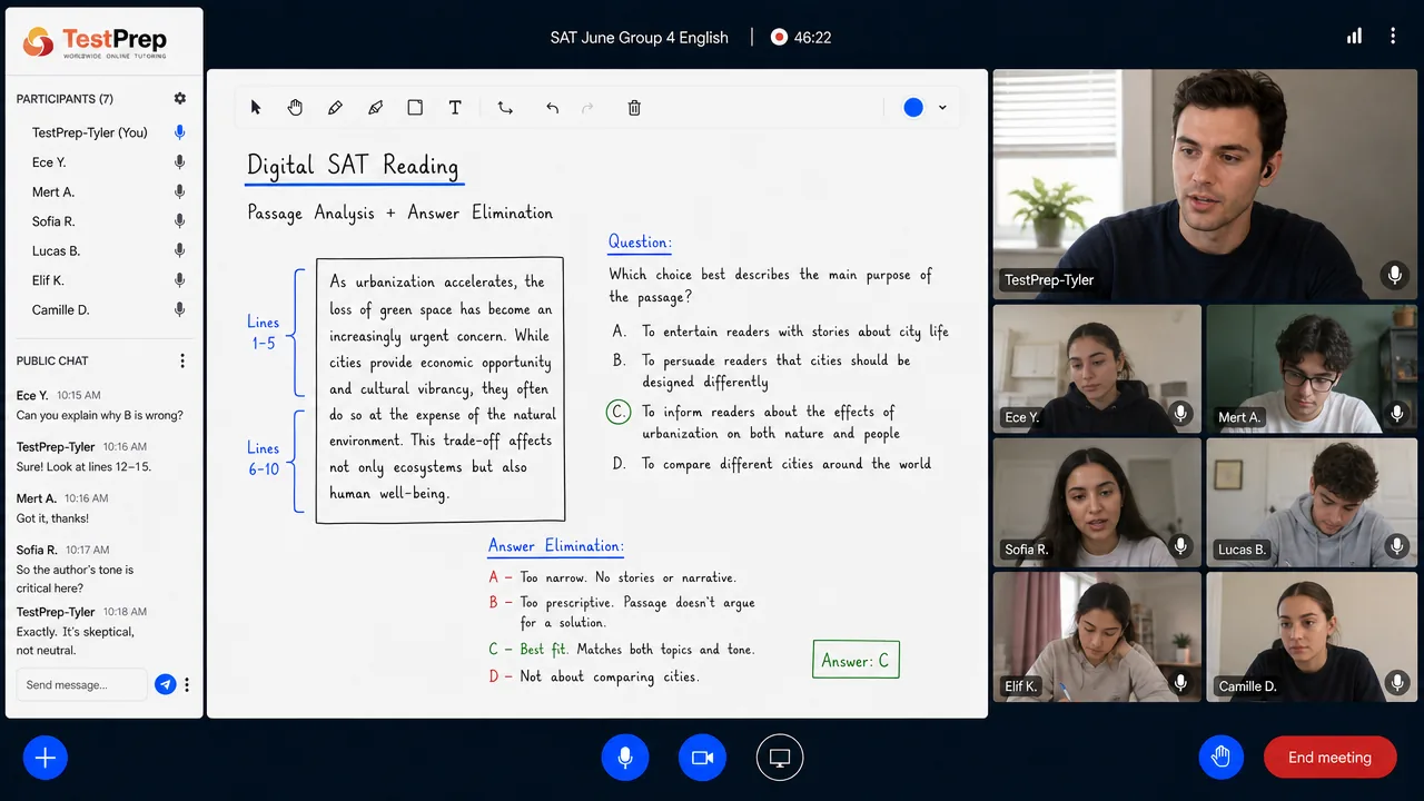 Live SAT group lesson: the tutor and six students work out a passage's main purpose, eliminating each of the four choices in turn.