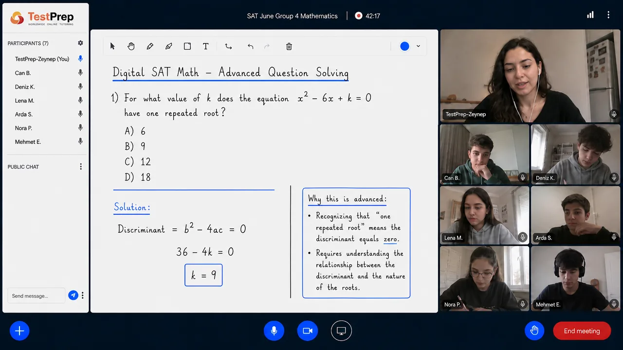 Live SAT group lesson: the tutor and six students use the discriminant on the shared whiteboard to find the repeated root of a quadratic.