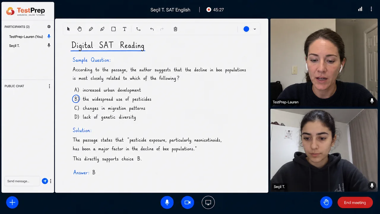 One-to-one live SAT lesson: tutor and student justify the answer to an inference question using evidence quoted from the passage.
